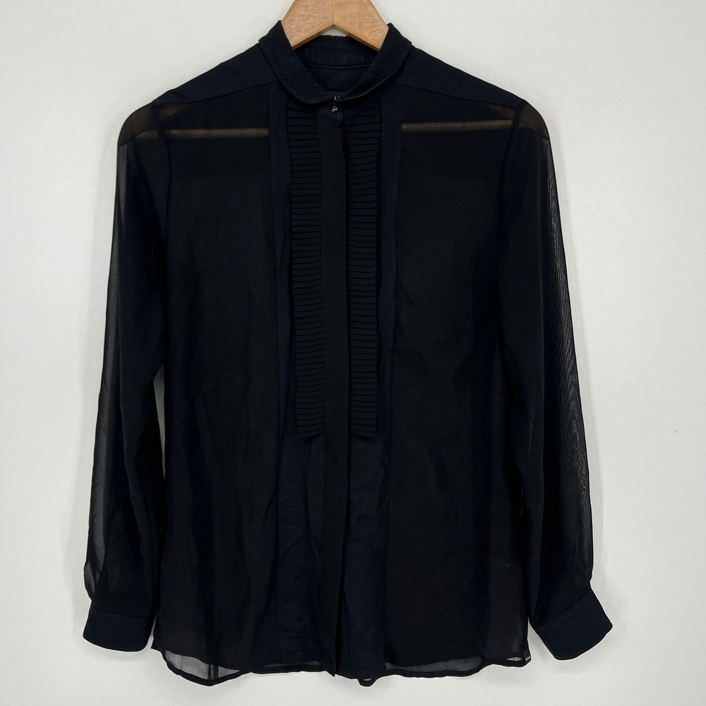 Paul Smith Black Label Sheer Pleated Tuxedo Blouse Mesh Collar Womens Size 38